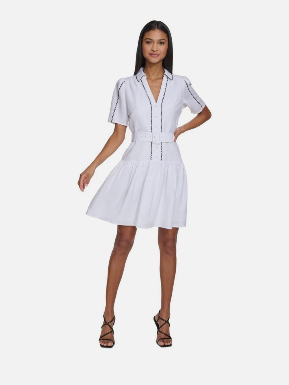 Karl Lagerfeld white drop down waist dress short sleeves & black trim size 14